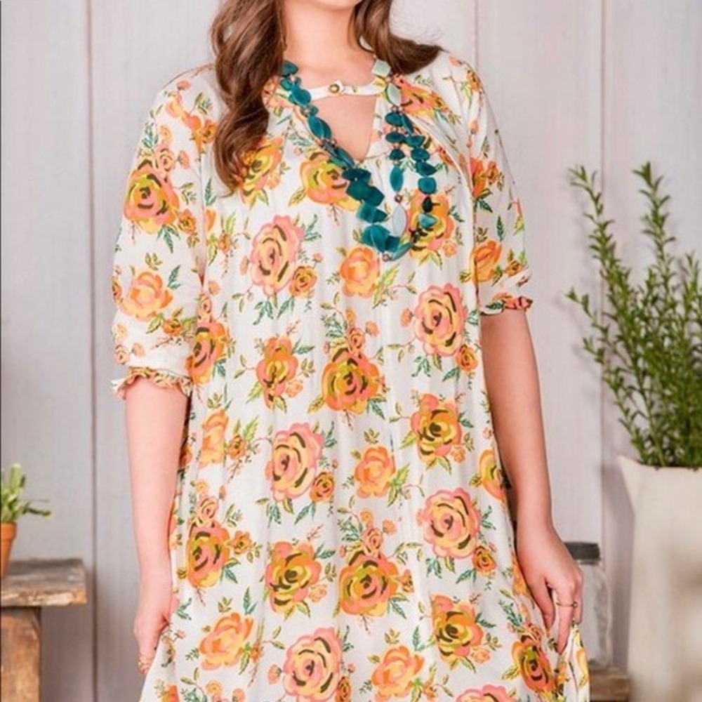 Matilda‎ Jane Floral Tunic Dress XS White Pink Orange Boho Cottagecore
